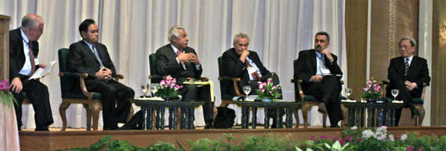 Panelists sharing insights during plenary session �A Strategic Tourism Industry Response to International Terrorism.� Taking part in the debate: Ambassador Mr. Juan Manuel Lopez Nadal, Spain; Ambassador Ibrahim Usuf, Republic of Indonesia; Mr. Uzi Yalon, Honorary Life Time President, SKAL International H.E. Eng. Ziad Al-Bandak, Minister of Tourism and Antiquities, Palestinian National Authority; and Mr. James Lu, International Hotel Association; with Moderator H.E. Akel Biltaji center. Each member of the panel, including the Moderator, had been a refugee at one time in their life.